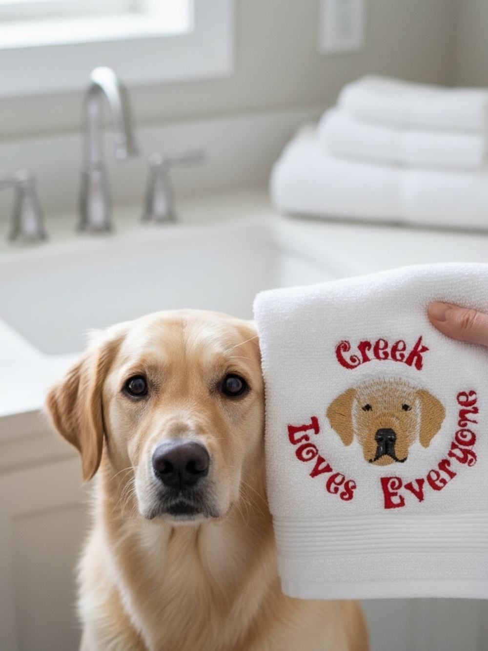 Persosnalized Embroidered Dog Bath Towels with your dog's name. Paws off.